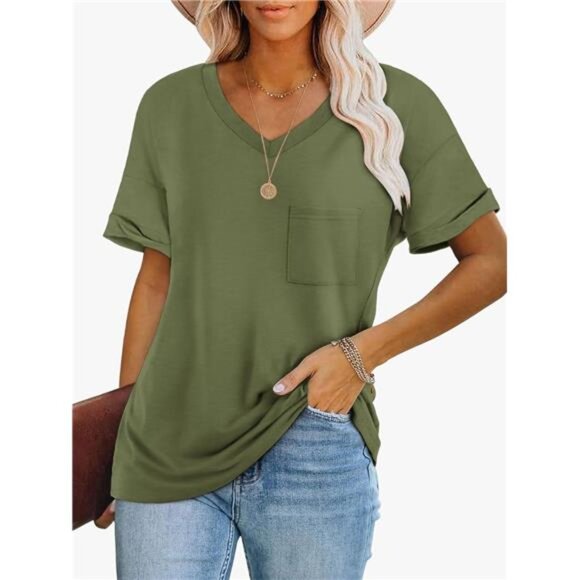 Women's Army Green T Shirts Short Sleeve‎ V-Neck Shirts Cute Casual for Summer - Picture 2 of 6